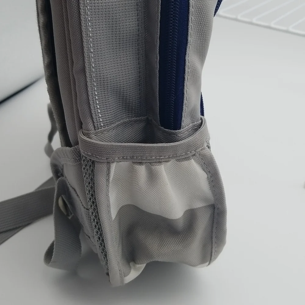 Pottery Barn Kids Fairfax Gray/White Stripe Navy Trim Small Backpack rLm